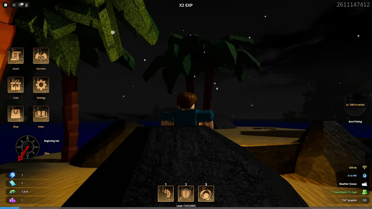 Main game HUD with the side buttons visible while the character fishes from the island dock