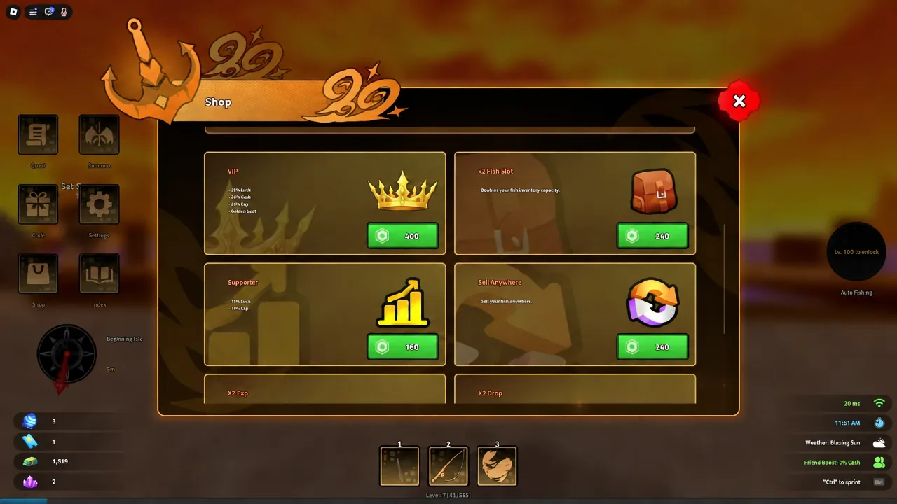 Heavyweight Fishing shop menu showing purchasable upgrades with green price buttons