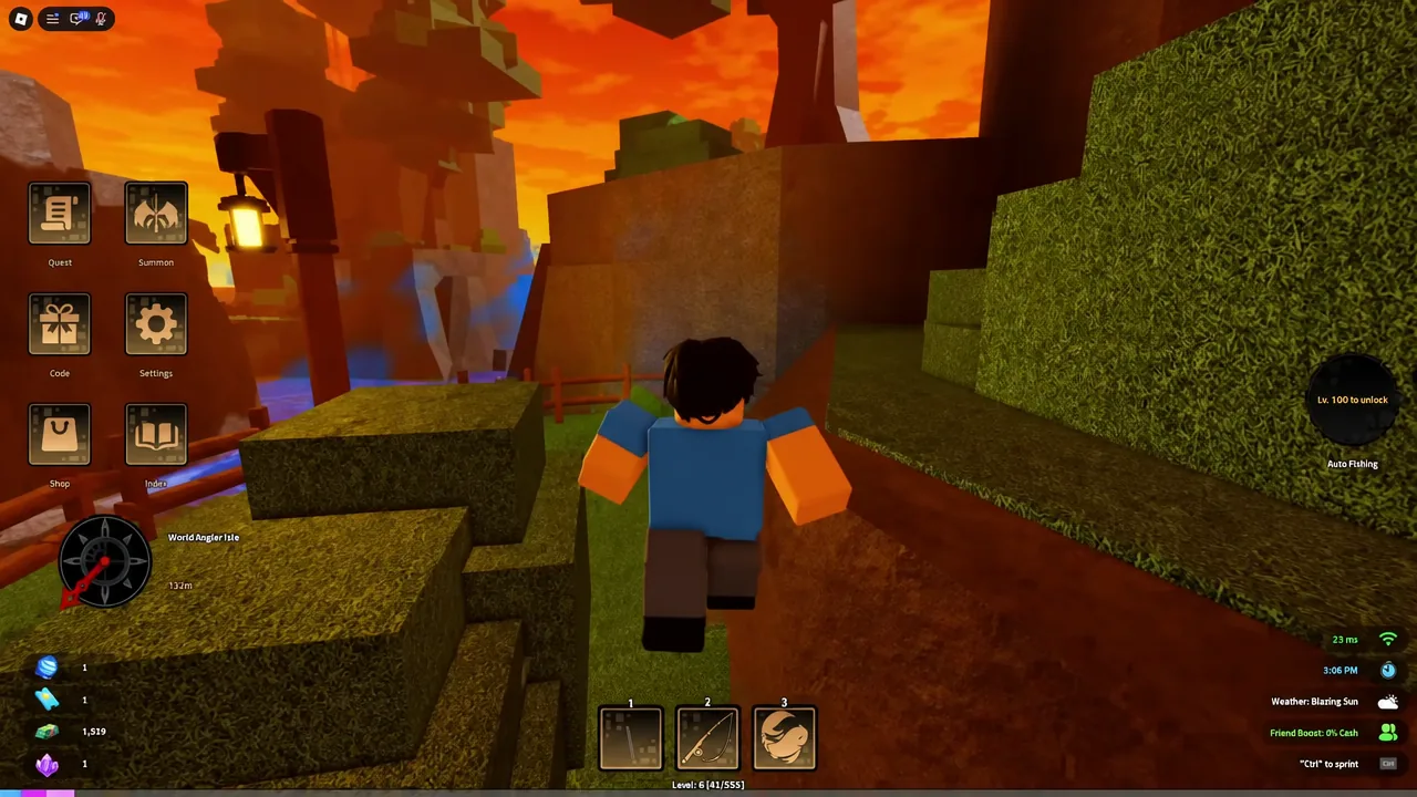 Player character walking a path on World Angler Isle with the Auto Fishing control on the right