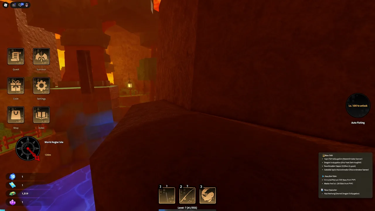 Lava cavern section of World Angler Isle with the main menu open on screen
