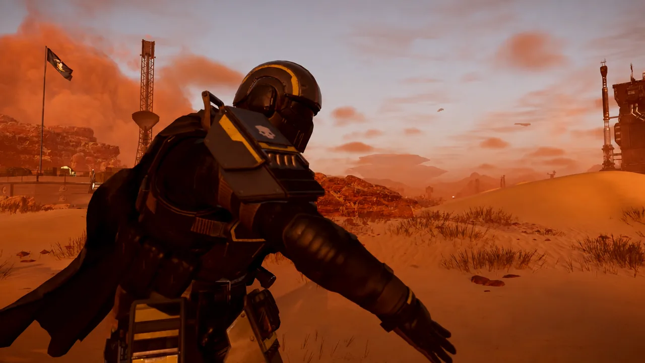 Armored Helldiver moving through a dusty desert outpost during combat