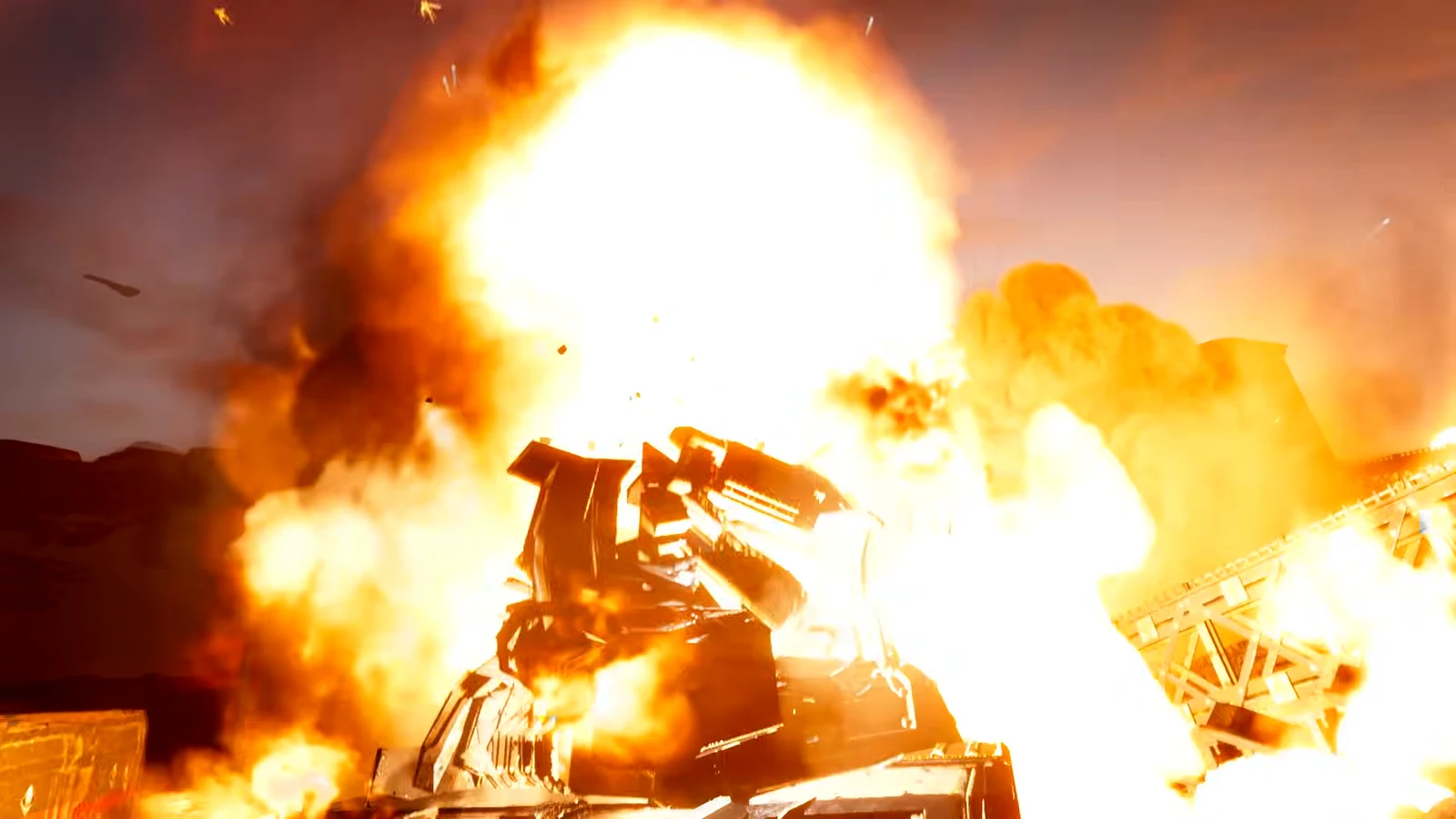 Helldiver firing a Warbond weapon at advancing Automaton units in a dust storm