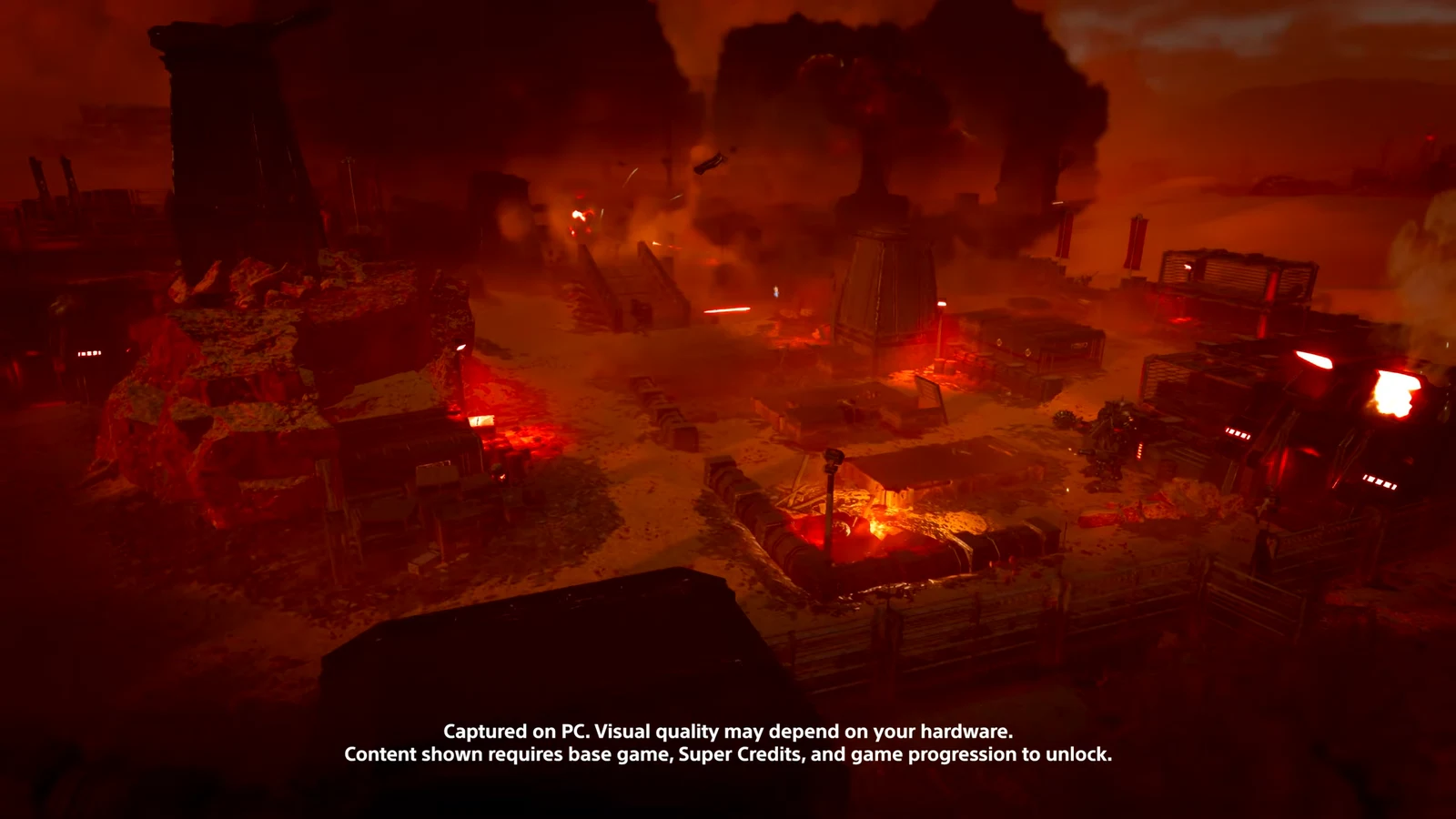 Red-lit battlefield with Helldivers sprinting past explosions as tanks fire in the distance
