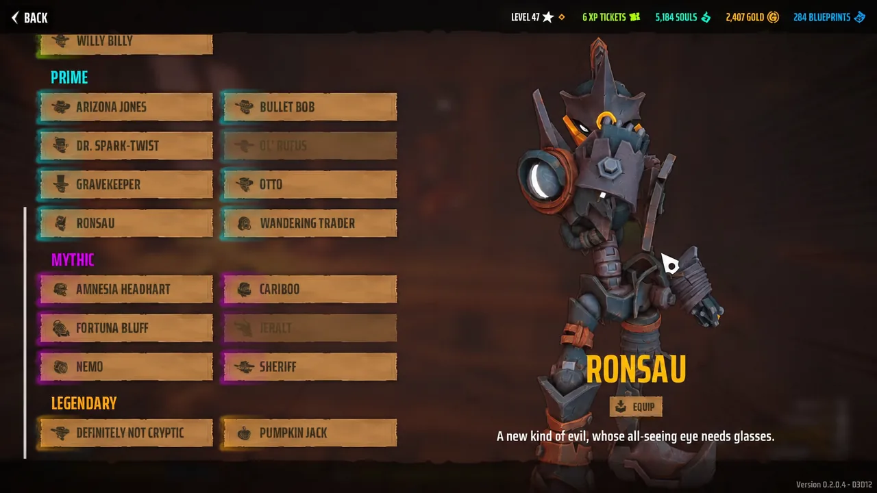 Character selection screen with Ronsau highlighted and the Equip button showing