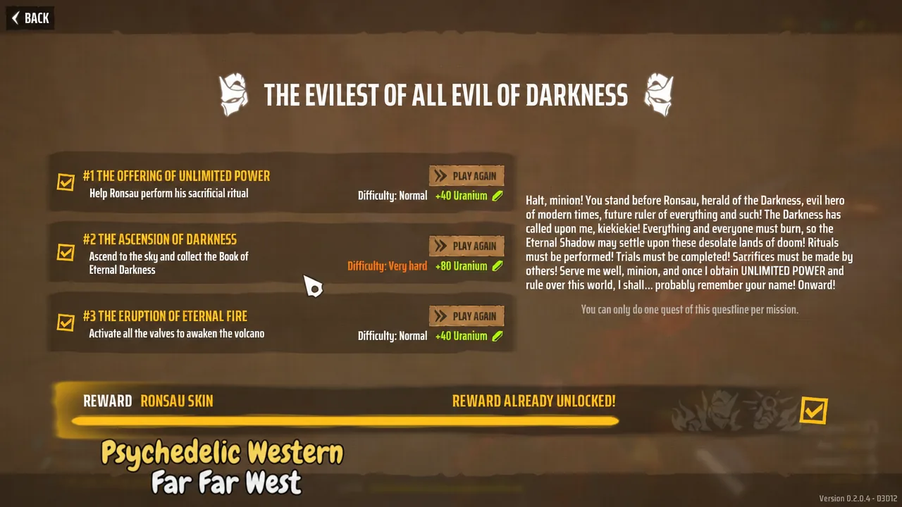 The Evilest of All Evil of Darkness menu with quest two, The Ascension of Darkness, selected