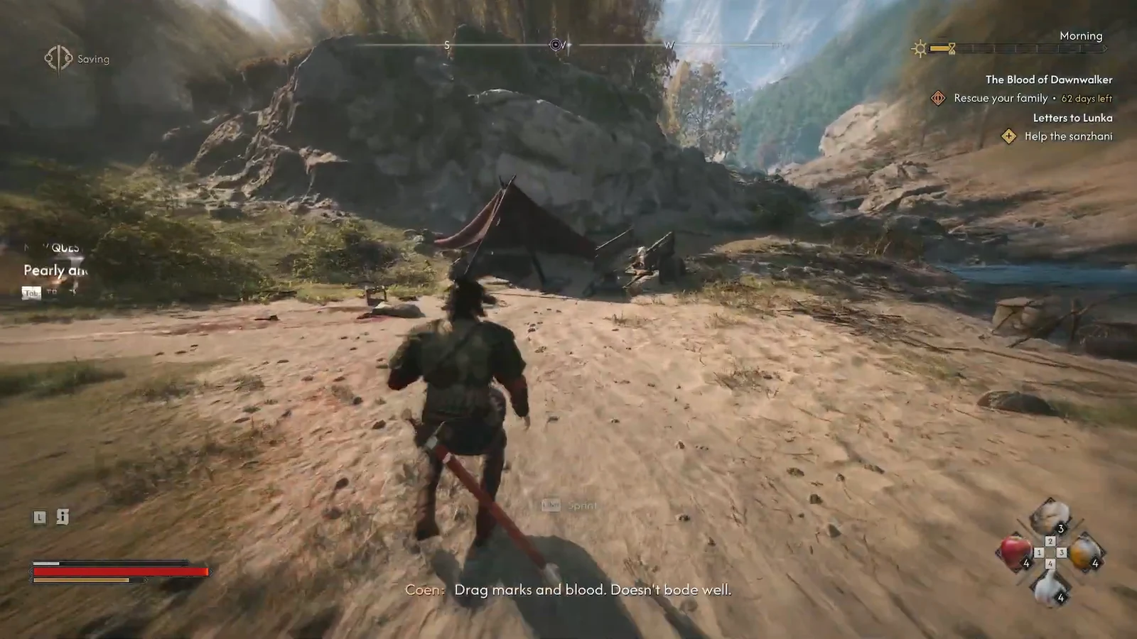 Running up to a wrecked campsite that triggers the Pearly and Precious quest