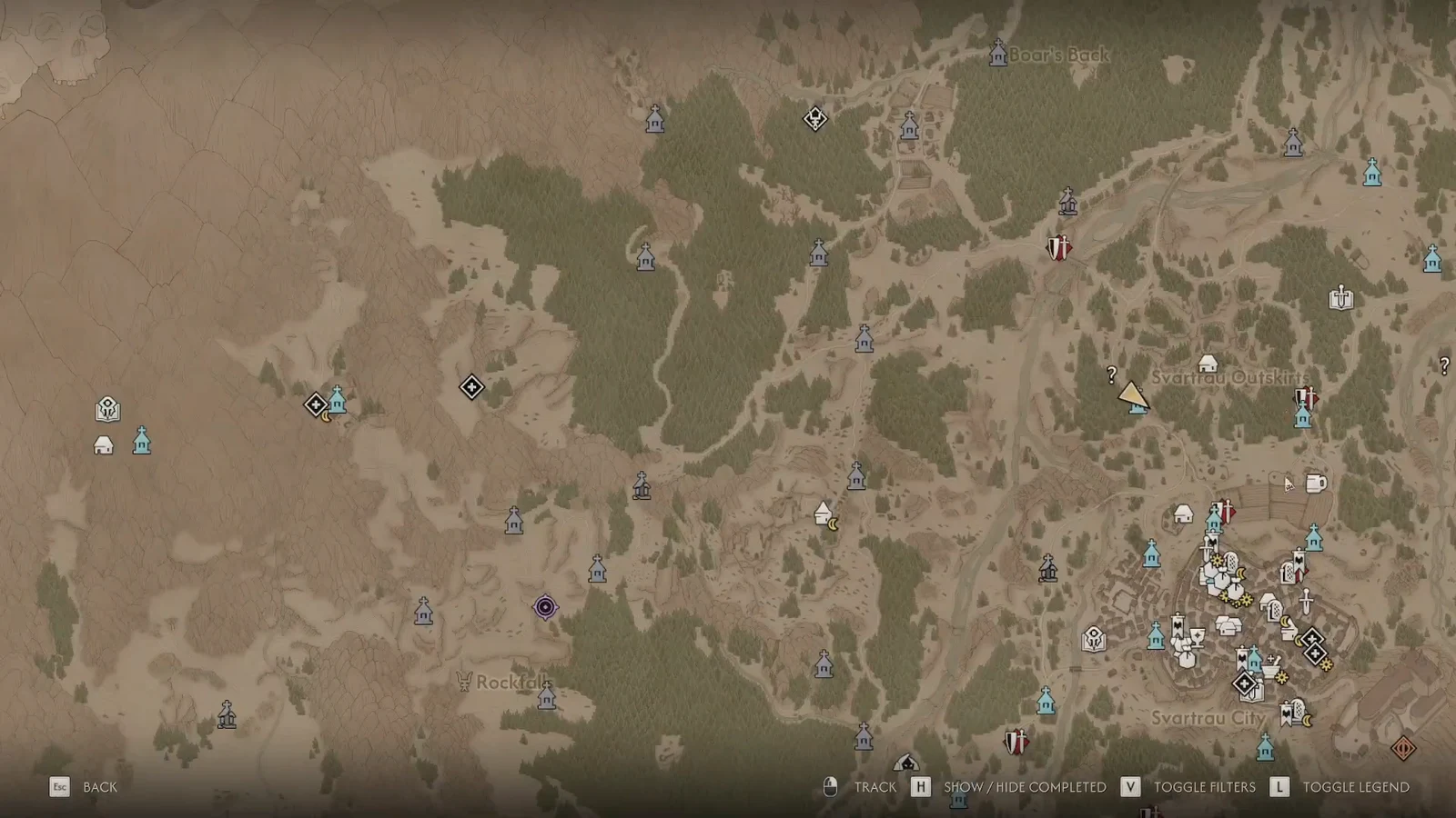 World map open with the player marker sitting near the Svartrau Outskirts region