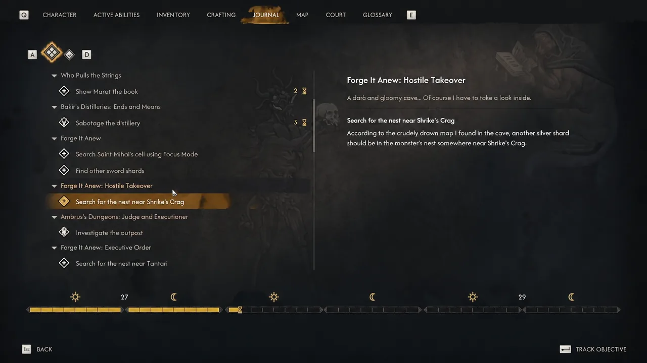 Journal screen with the Letters to Lunka entry and a highlighted nest objective near Shrike's Crag