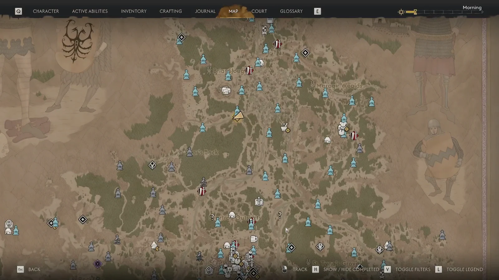 The map screen with the yellow player marker and dozens of location icons across the region