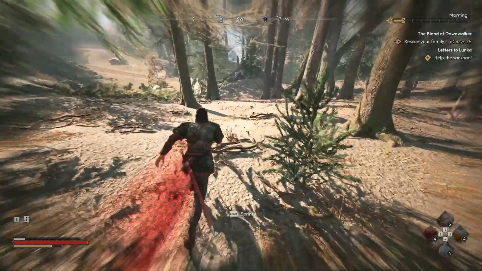 Coen sprinting through a dense forest with the quest tracker visible in the top-right corner