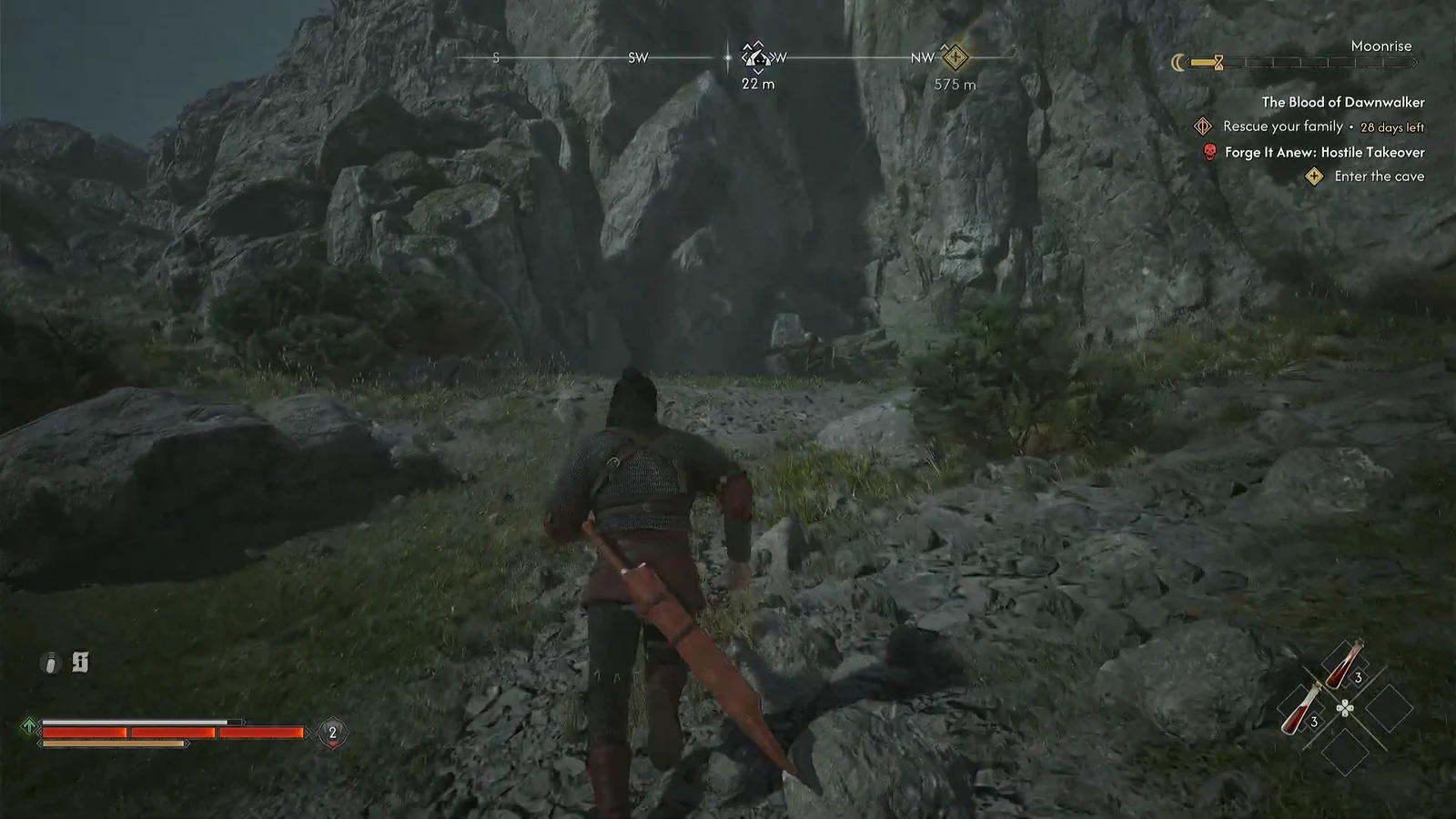 Coen walking up to the rocky Kobold's Nest cave mouth with the Enter the cave prompt showing