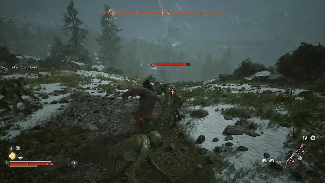Coen striking a locked-on kobold outside the nest during combat