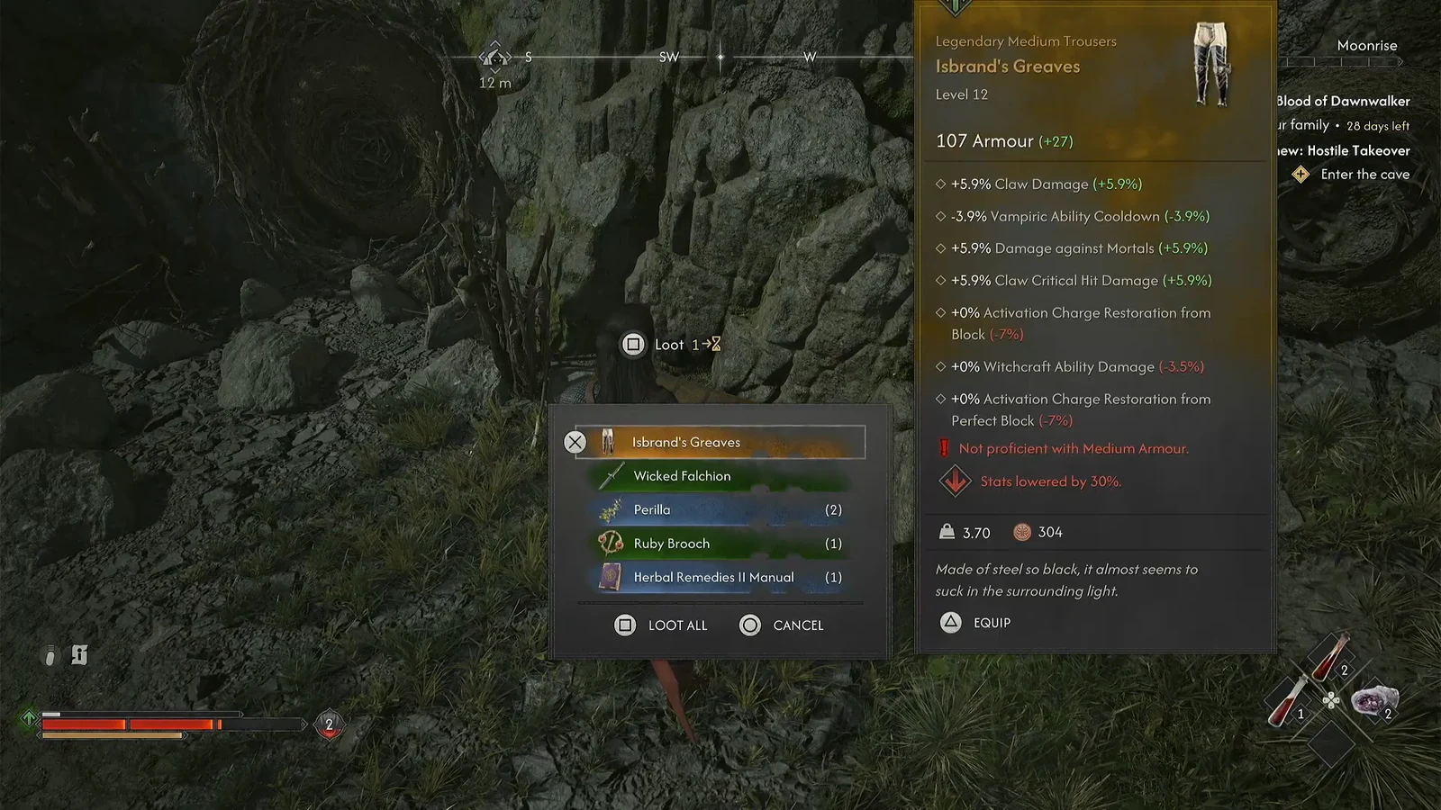 Loot window showing Isbrand's Greaves with 107 armour and an equip option