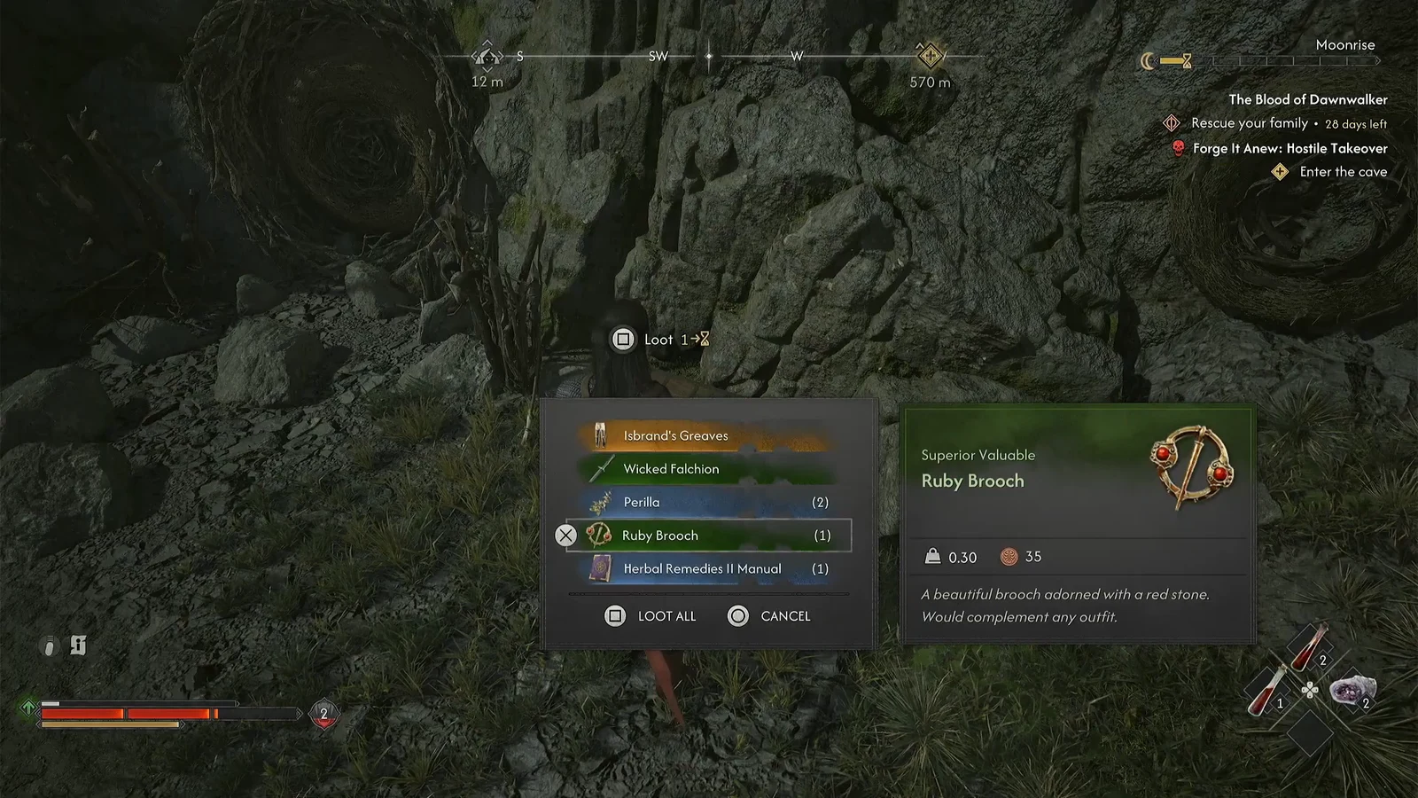 Loot menu with the Ruby Brooch highlighted and the loot all option available