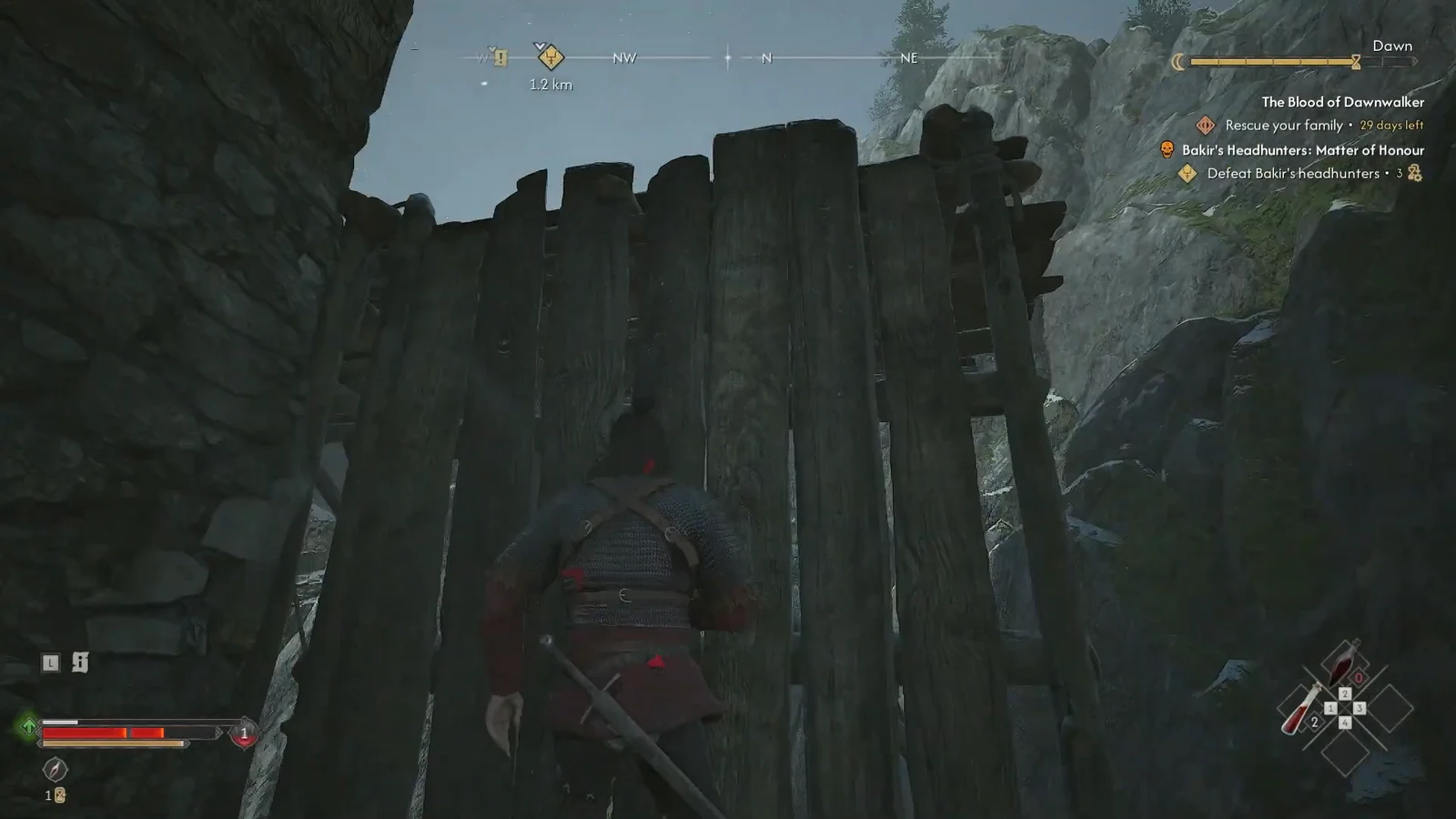 Character pulling up onto a tall wooden structure along the rocky path