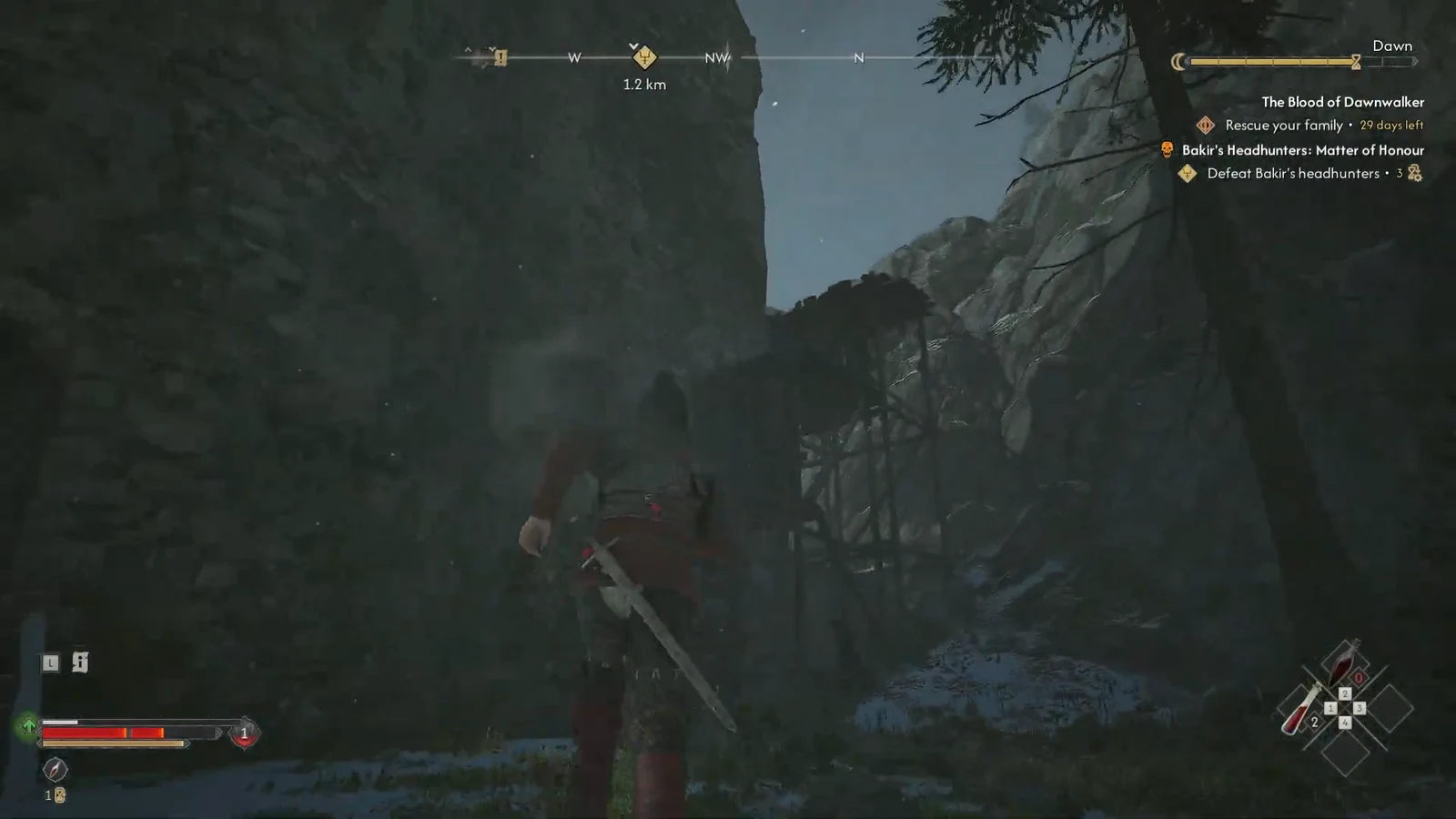 Player crossing a rocky pass with the objective marker showing 1.2 km remaining