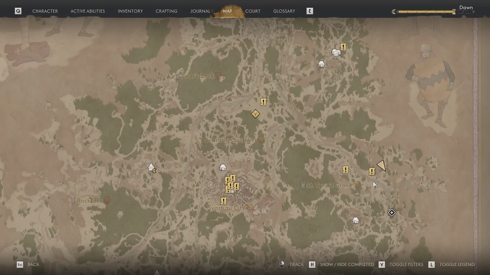 World map open with markers across the region, tower waypoint selected