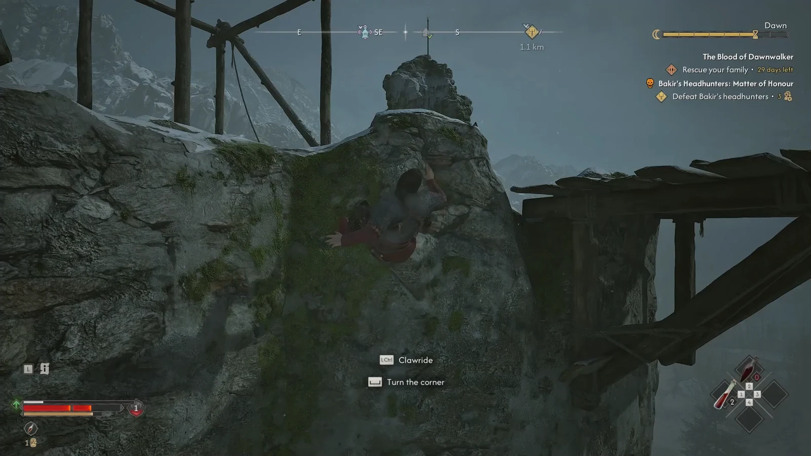 Clawride and turn the corner prompts on screen as the character swings around a ledge