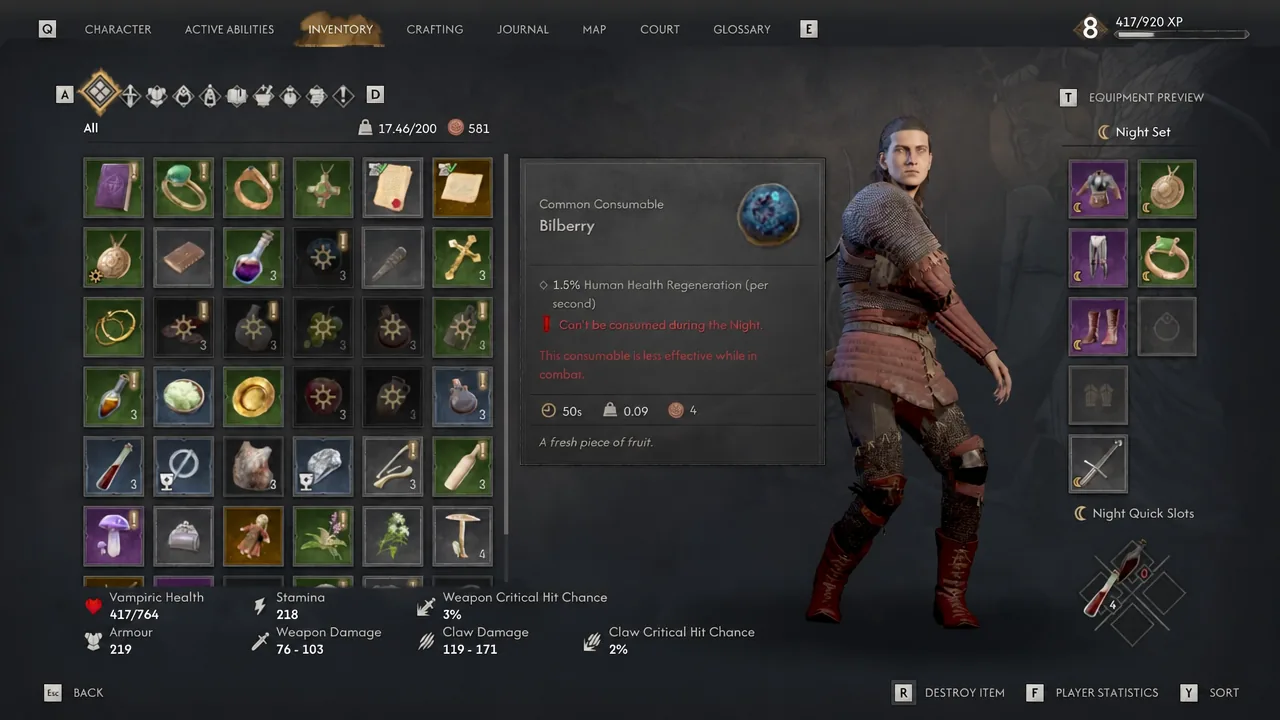Inventory screen with the Bilberry consumable selected, showing its effect details