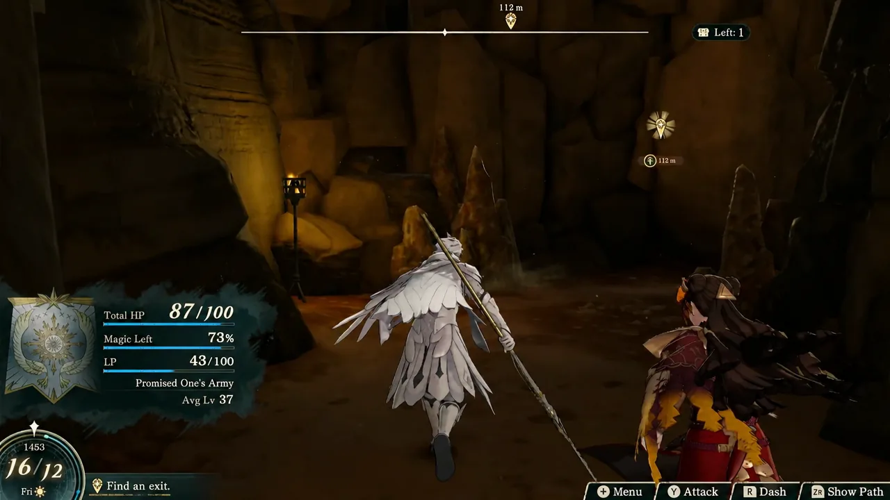 Cave corridor with the Find an exit objective active and a 112 m waypoint marker at the top of the screen