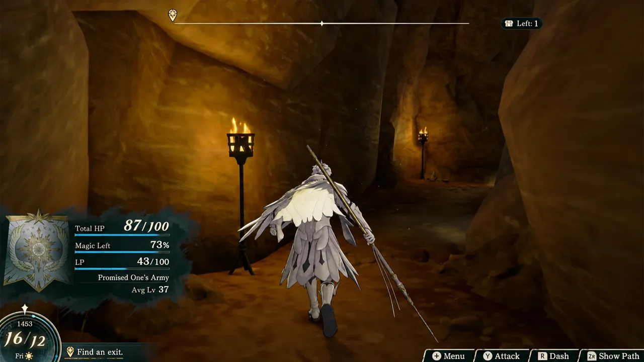 Player character moving deeper into the rocky cavern with the objective marker visible