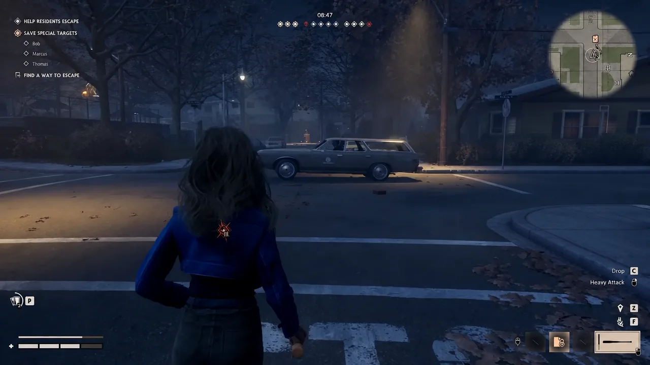 Civilian gameplay with the FIND A WAY TO ESCAPE objective shown while searching the street
