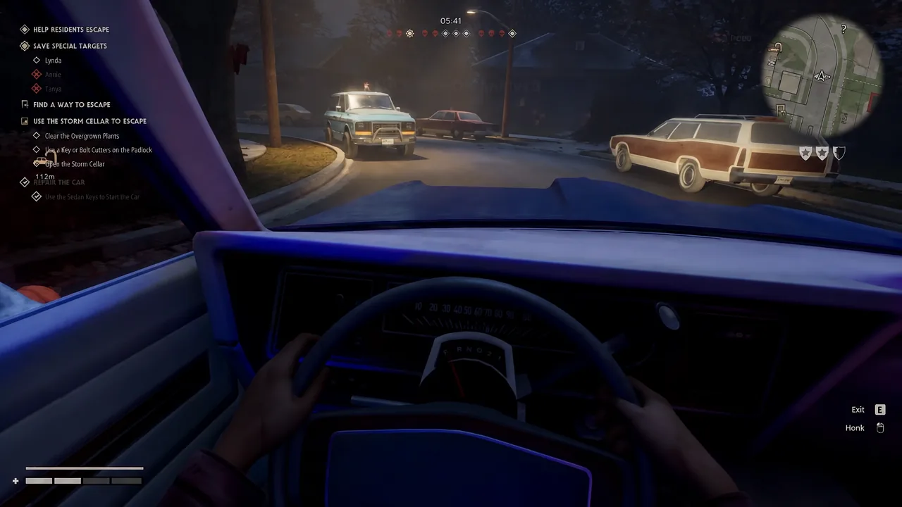 Driving a car with the Repair the Car objective and Use the Sedan Keys to Start the Car prompt on screen