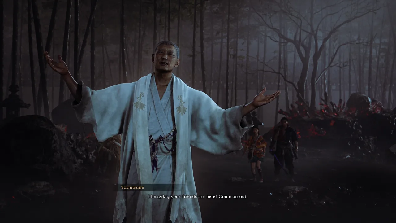 Yoshitsune saying "Hinagiku, your friends are here! Come on out" in a dialogue scene
