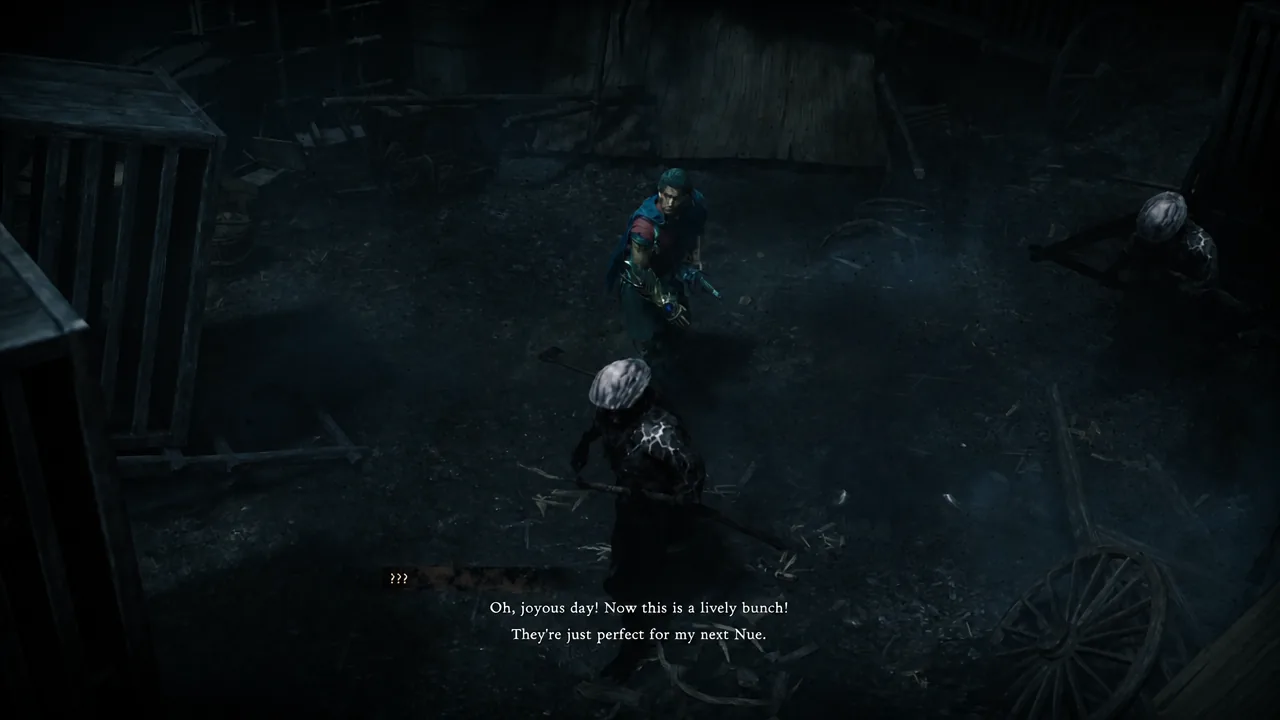 Musashi facing two enemies as Dokyo's dialogue about his next Nue appears on screen