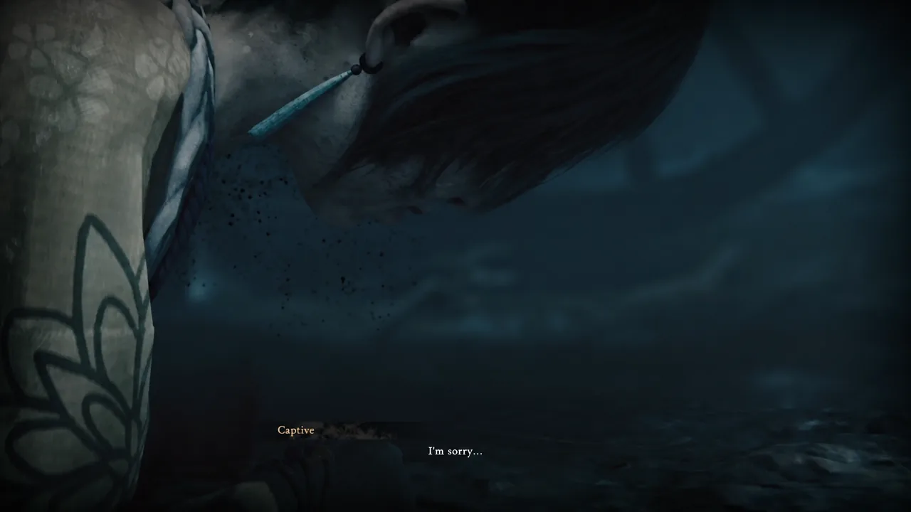 Cutscene subtitle reading "I'm sorry…" as the wounded captive collapses