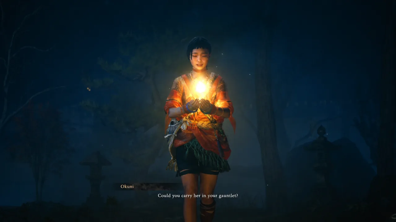 Okuni asking Musashi "Could you carry her in your gauntlet?" after the boss fight