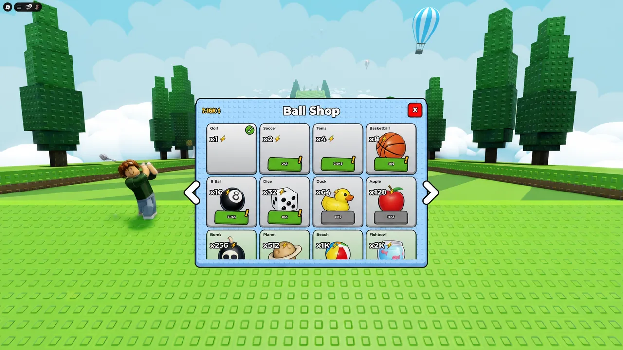 Ball Shop menu open with the basic Golf ball highlighted among the other ball options