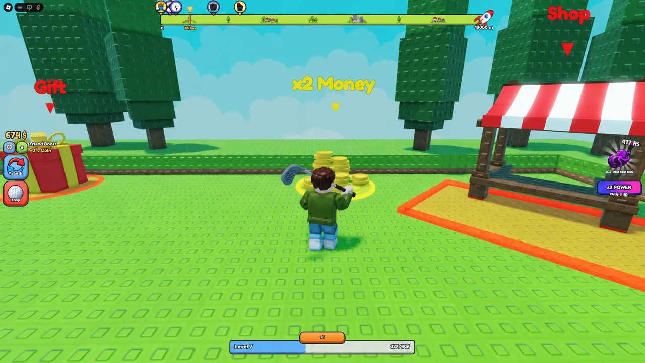 Player avatar picking up coins under a glowing x2 Money marker on the course