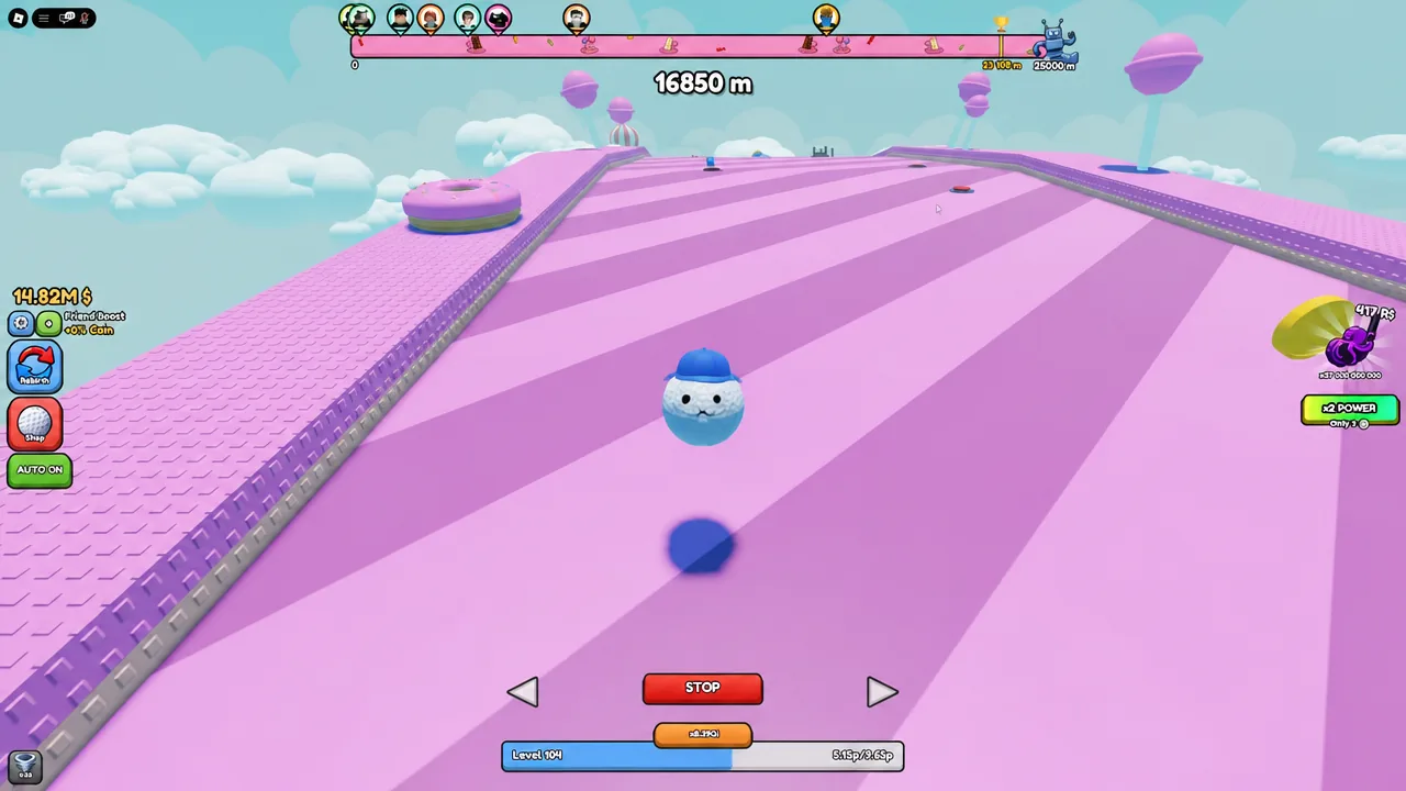 The STOP button on screen while the ball keeps rolling forward along a pink candy track