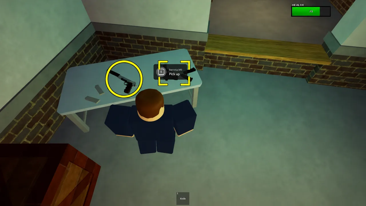 Weapon pickup prompt on the training range floor with the E button shown