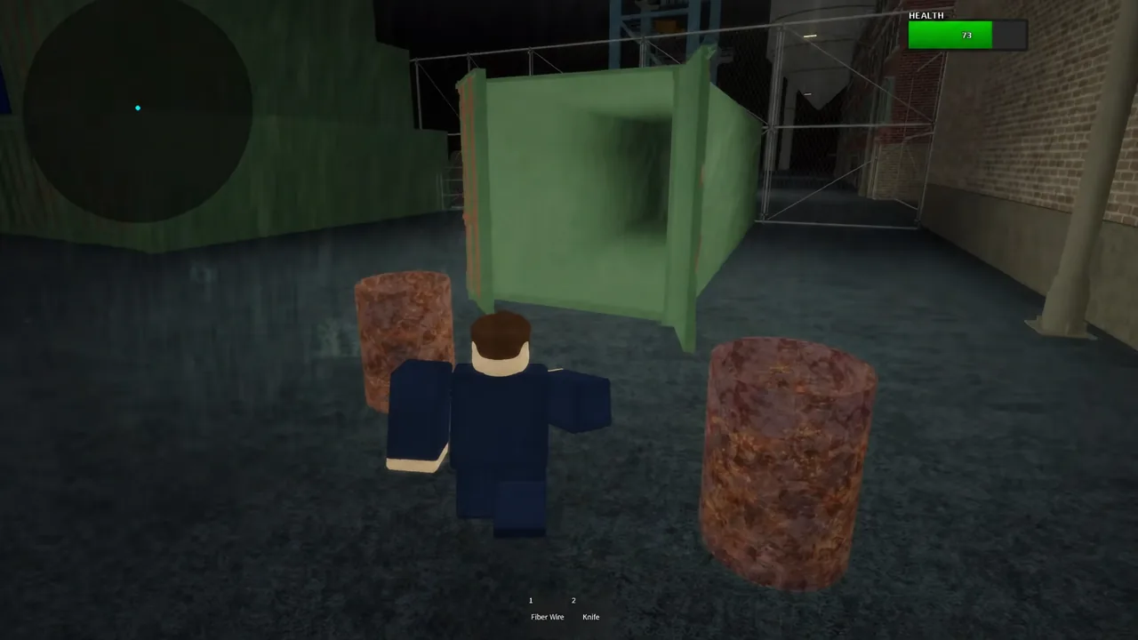 Approaching a green barricade in Rotterdam harbor with Fiber Wire and Knife in the inventory