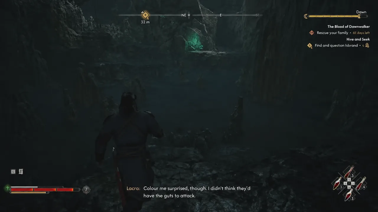 Player moving through the glowing cave with a 32 metre objective marker ahead