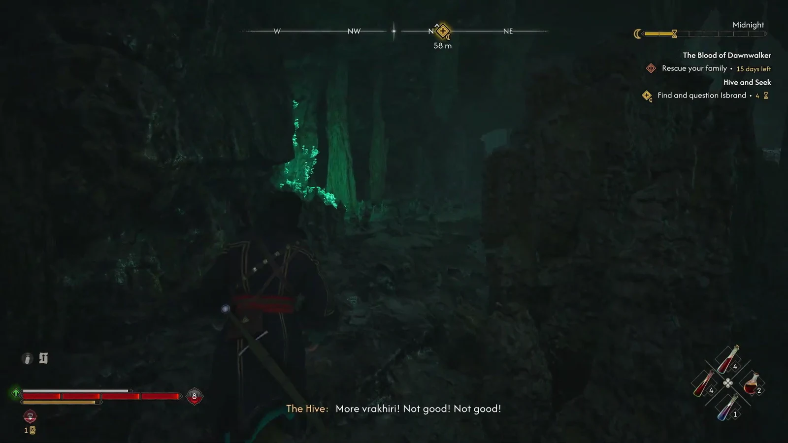 Cave interior with the compass tracking the Find and question Isbrand objective 58 meters away