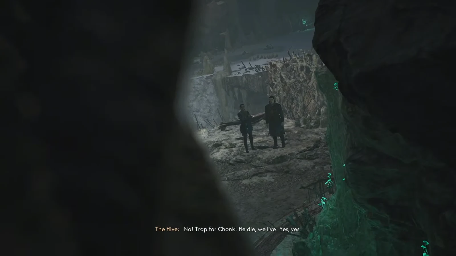 Cutscene subtitle reading The Hive: No! Trap for Chonk! He die, we live!