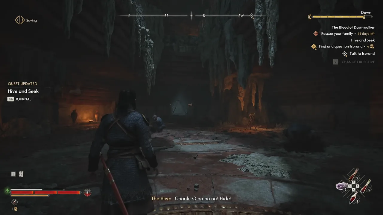 Quest log update in the corner of the screen showing the objective to find and question Isbrand