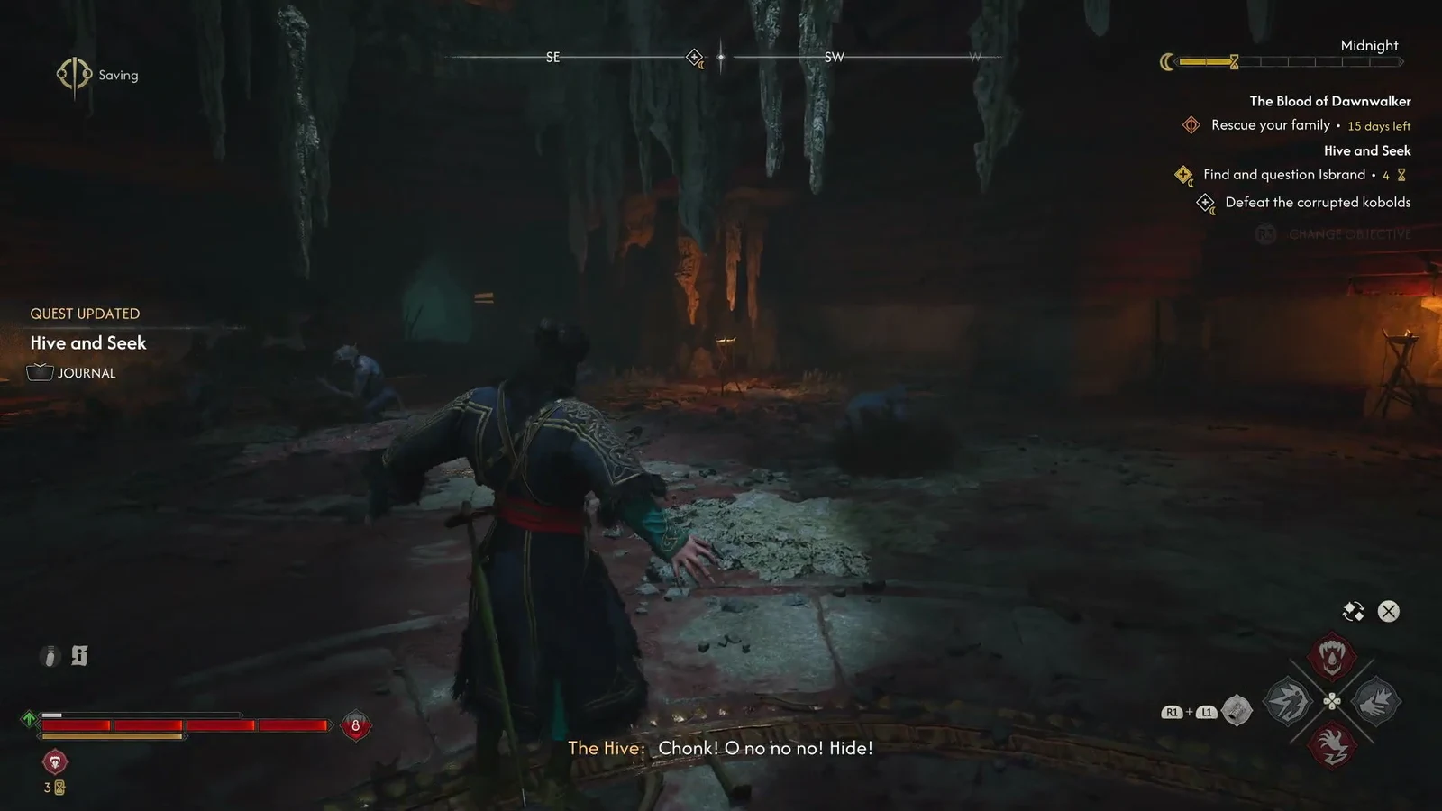 Coen moving through a dim hive tunnel with the quest objective updated on screen