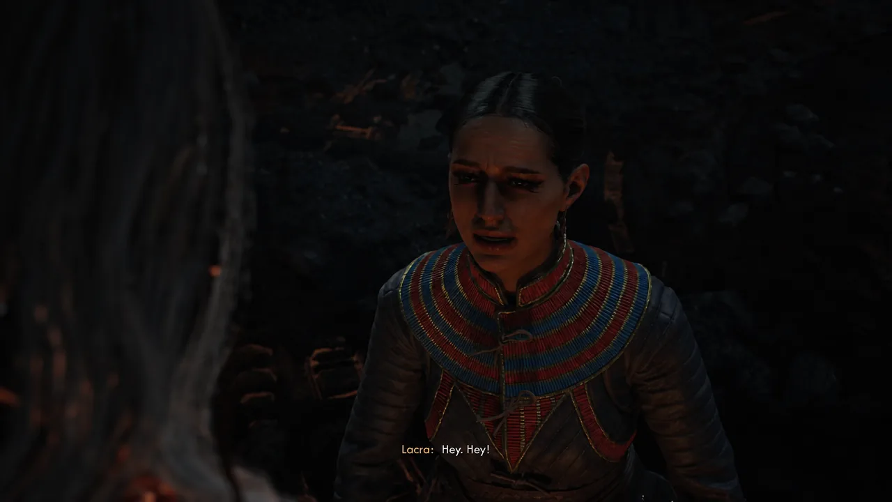 Lacra speaking in a cutscene inside Chonk's lair with the subtitle Hey. Hey!
