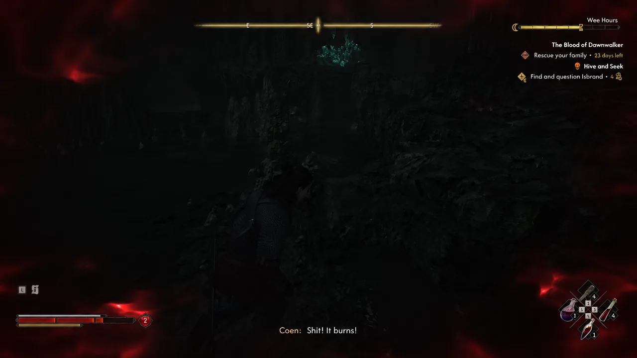 Coen taking burning damage while standing in the silver-laced cave water