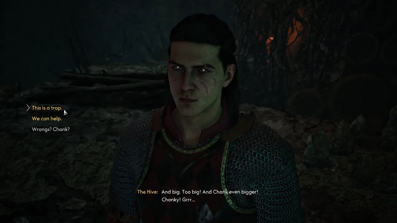 Dialogue wheel showing the response option This is a trap while The Hive speaks