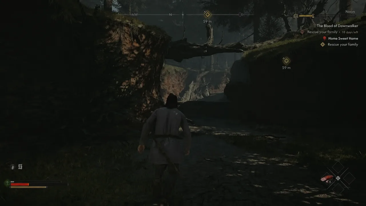 Rescue your family objective marker at 59 meters while running through the foggy forest