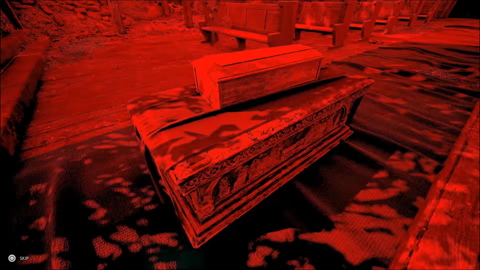 Red-tinted cutscene of an ornate coffin with a SKIP prompt in the corner