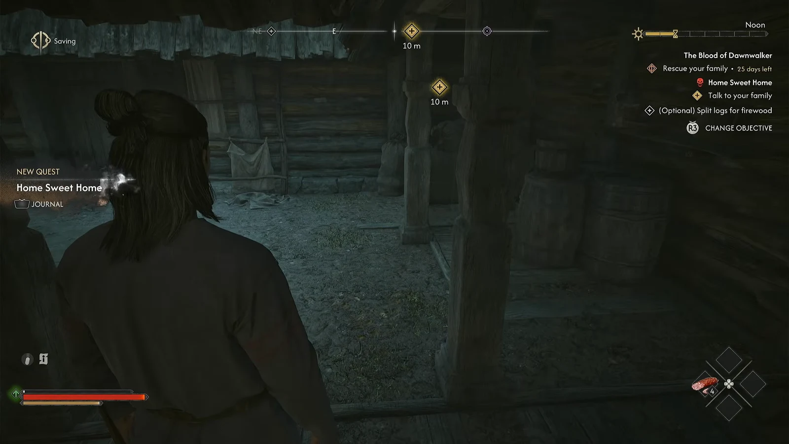 Quest marker pointing to Talk to your family inside the Laslea hut, 10 meters away
