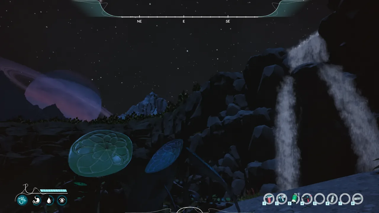 Player aiming a handheld scanner at three creatures in a forest clearing