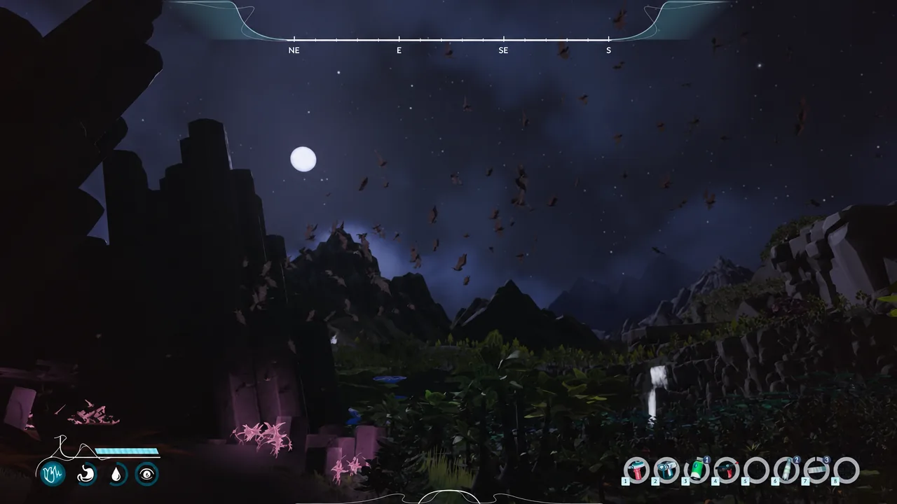 {"shows":"Gameplay screen: the player aims a handheld tool at three nearby creatures while exploring the…