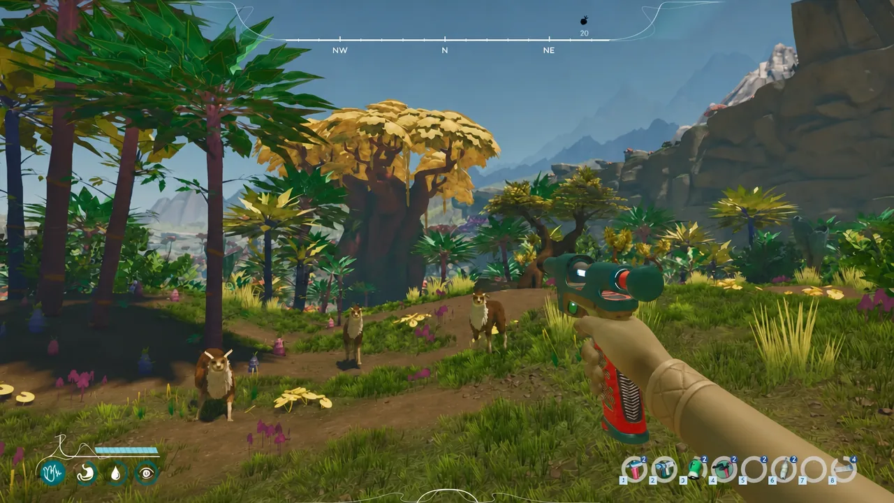 {"shows":"Gameplay screen: the player aims a handheld tool at three nearby creatures while exploring the…